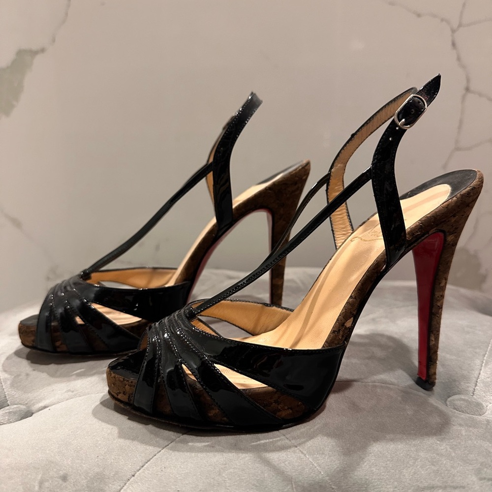 Christian Louboutin size 38 Black patent with a cork heel